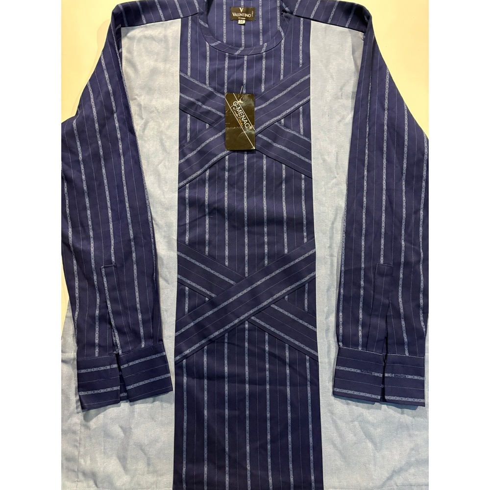 NWT Valentino Italy 54 Blue Striped Long Tunic Shirt Mens Gownini Formal‎
